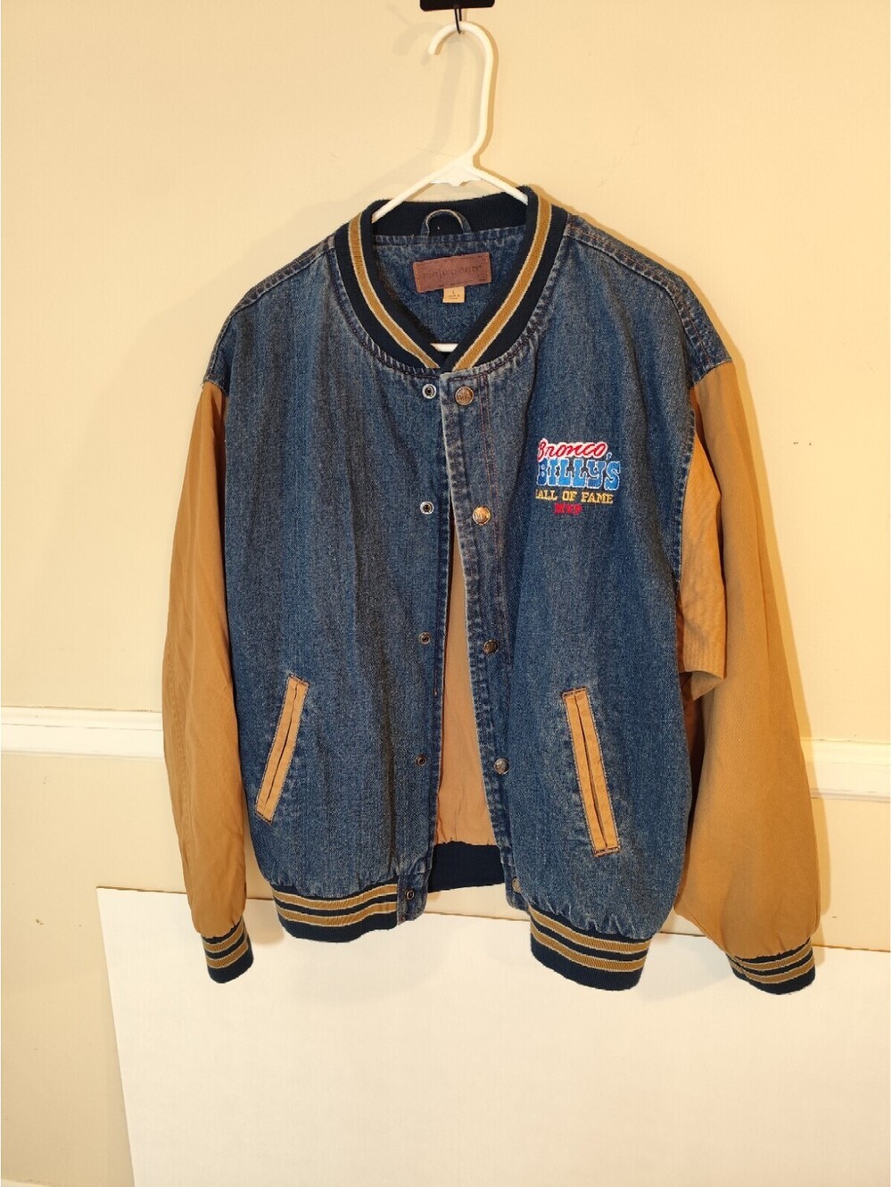 Port Authority Bronco Billy's Casino Varsity Jeans Jacket Blue Brown Size L